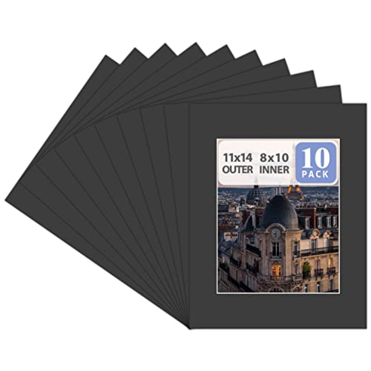 Pack of 10 ,11x14 Black Picture Mat Set with White Core Bevel Cut for 8x10 Photo
